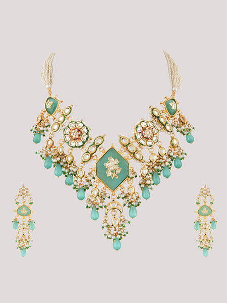 Gold Plated Kundan Studded Green Choker Necklace Set With Earrings