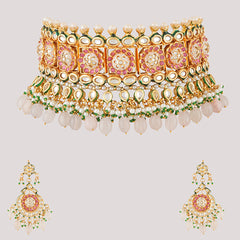 Gold Plated Ethnic Pink Choker Necklace Set With Earrings