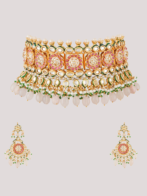Gold Plated Ethnic Pink Choker Necklace Set With Earrings