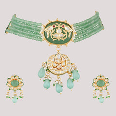Gold Plated Kunan Polki Jade Chokar Set With Earrings