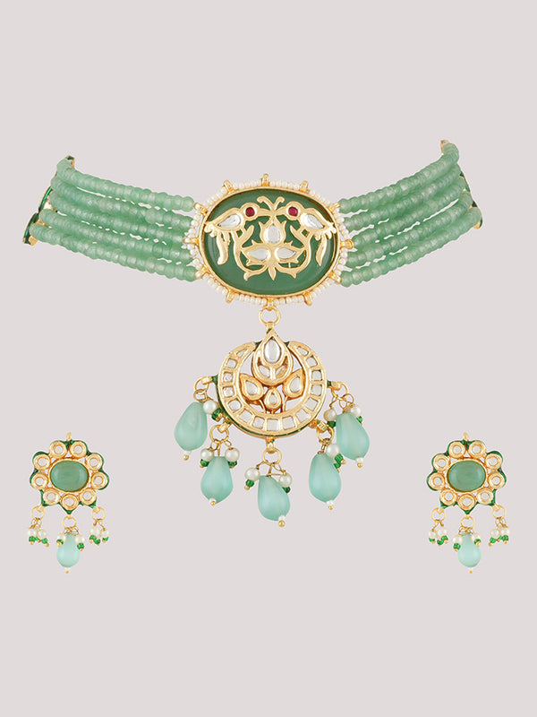 Gold Plated Kunan Polki Jade Chokar Set With Earrings