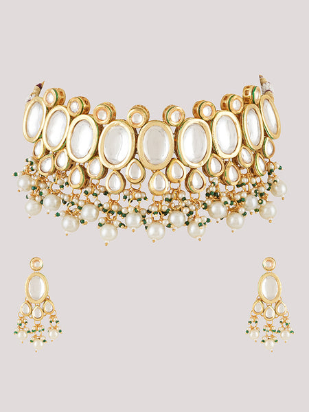 Gold Plated Pearls Kundan Choker Necklace Set With Earrings