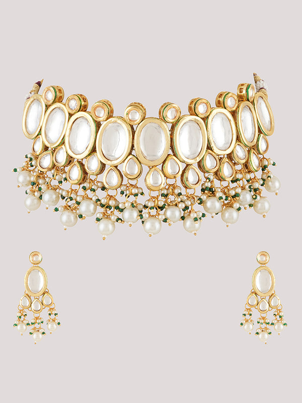 Gold Plated Pearls Kundan Choker Necklace Set With Earrings