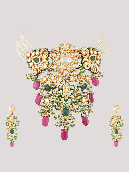 Gold Plated Ethnic Choker Set With Earrings