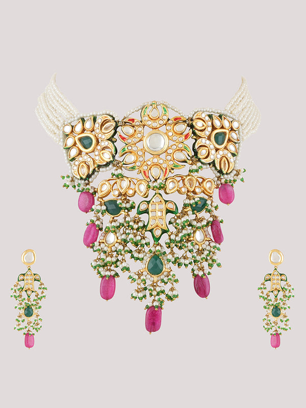 Gold Plated Ethnic Choker Set With Earrings
