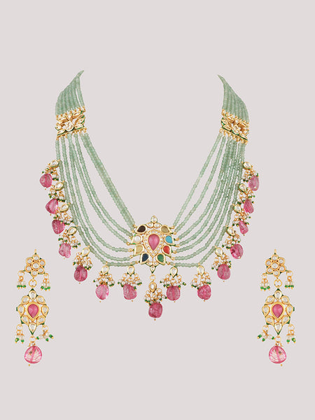 Gold Plated Ethnic Long Necklace Set With Earrings