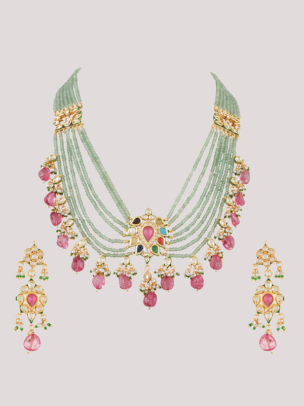 Gold Plated Ethnic Long Necklace Set With Earrings