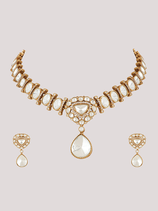 Gold Plated Long Kundan Studded Necklace With Earrings
