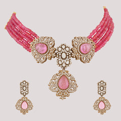 Gold Plated Rose Quartz Pink Choker Necklace Set With Earrings