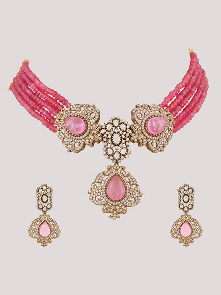 Gold Plated Rose Quartz Pink Choker Necklace Set With Earrings