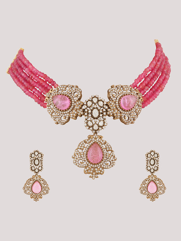 Gold Plated Rose Quartz Pink Choker Necklace Set With Earrings