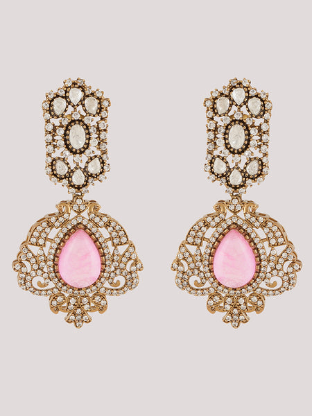 Gold Plated Rose Quartz Pink Choker Necklace Set With Earrings