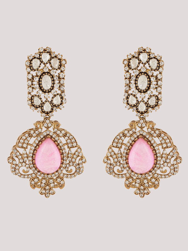 Gold Plated Rose Quartz Pink Choker Necklace Set With Earrings