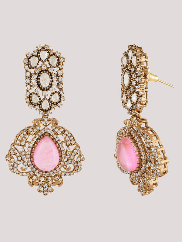 Gold Plated Rose Quartz Pink Choker Necklace Set With Earrings