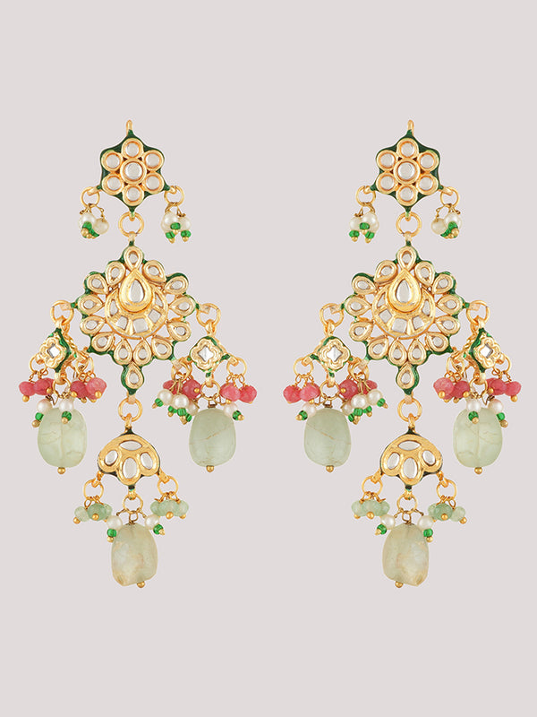 Gold Plated Kundan Studded Green Choker Necklace Set With Earrings