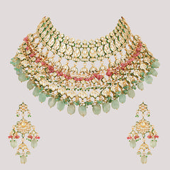 Gold Plated Kundan Studded Green Choker Necklace Set With Earrings