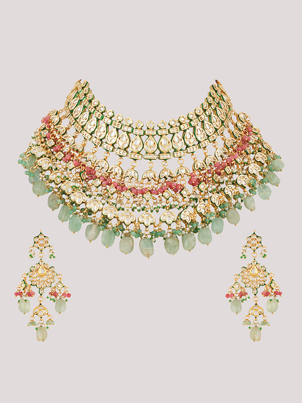 Gold Plated Kundan Studded Green Choker Necklace Set With Earrings