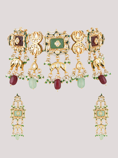 Gold Plated Multi-Color Ethnic Choker Set With Earrings