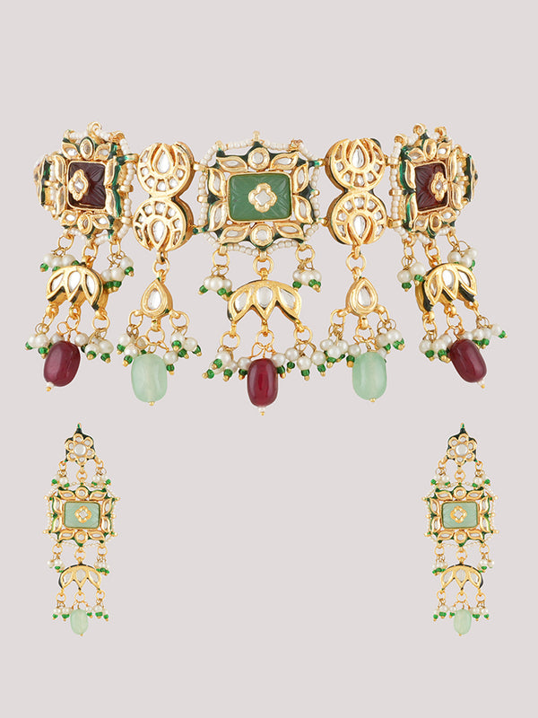 Gold Plated Multi-Color Ethnic Choker Set With Earrings