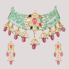 Gold Plated Multi-Color Choker Necklace Set With Earrings