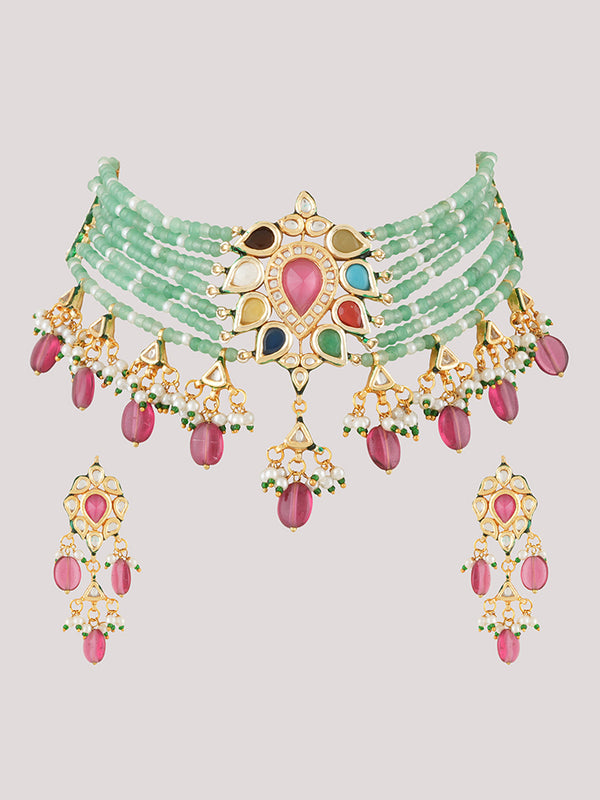 Gold Plated Multi-Color Choker Necklace Set With Earrings