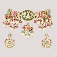 Gold Plated Kunan Polki Multi-Color Choker Set With Earrings