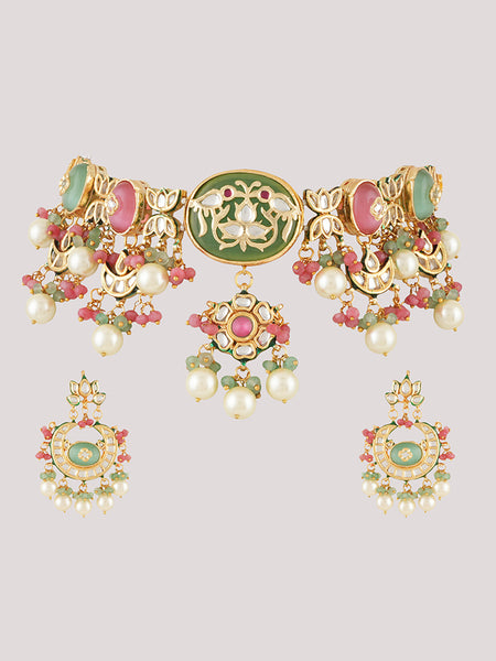 Gold Plated Kunan Polki Multi-Color Choker Set With Earrings
