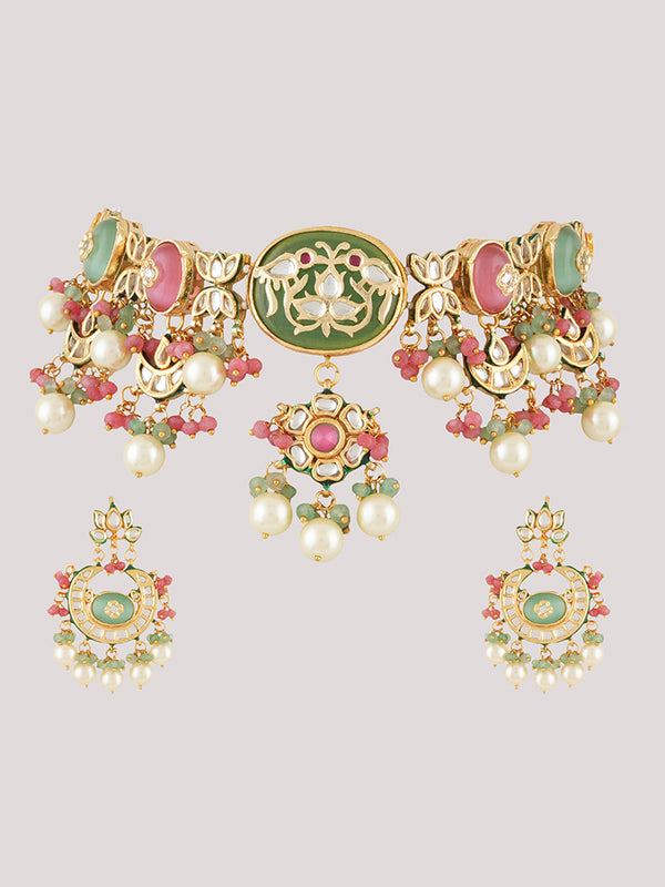 Gold Plated Kunan Polki Multi-Color Choker Set With Earrings