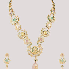Gold Plated Ethnic Long Kundan Necklace Set With Earrings