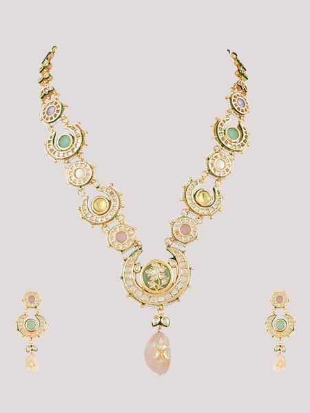 Gold Plated Ethnic Long Kundan Necklace Set With Earrings