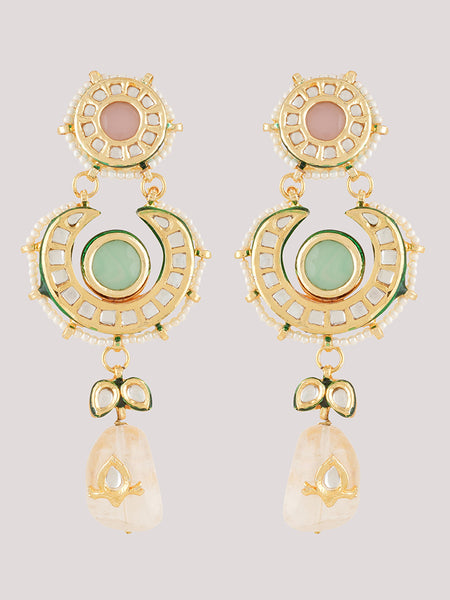 Gold Plated Ethnic Long Kundan Necklace Set With Earrings