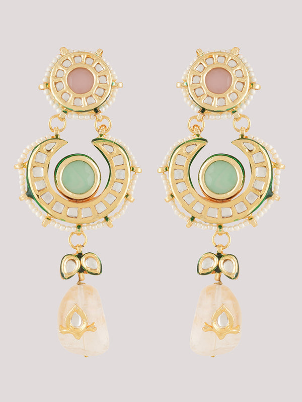 Gold Plated Ethnic Long Kundan Necklace Set With Earrings