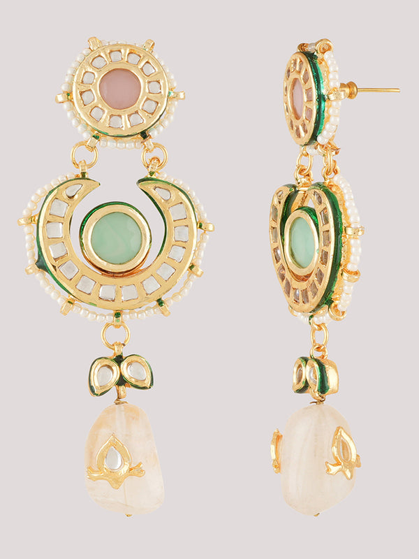 Gold Plated Ethnic Long Kundan Necklace Set With Earrings