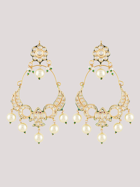 Gold Plated Kundan Ethnic Danglers with White Pearls