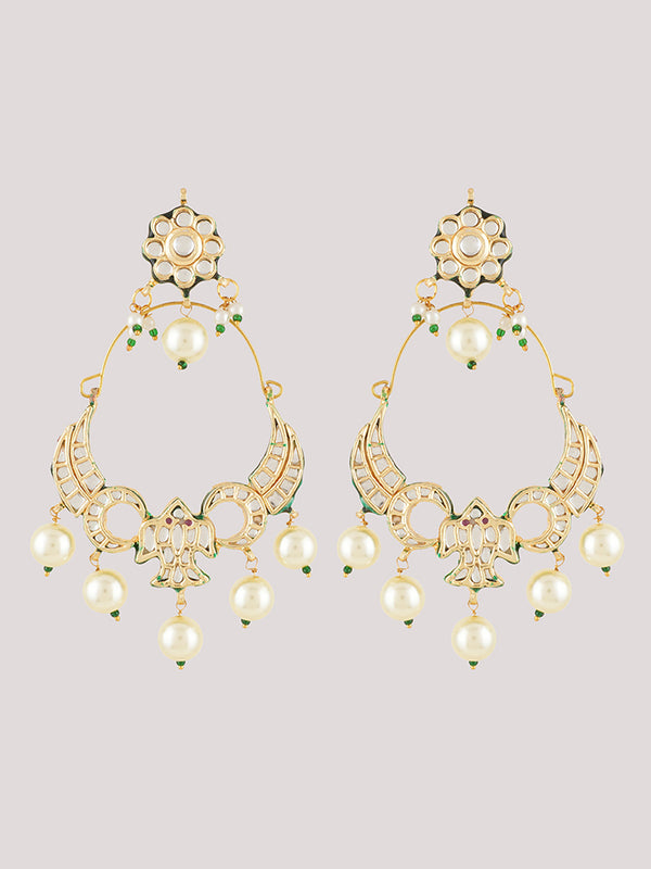 Gold Plated Kundan Ethnic Danglers with White Pearls