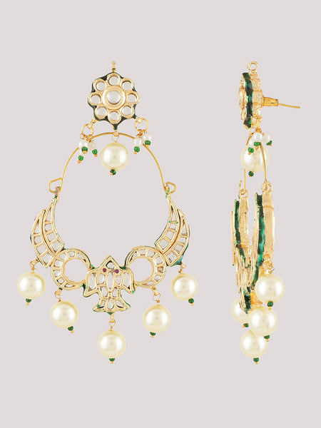 Gold Plated Kundan Ethnic Danglers with White Pearls