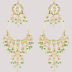 Gold Plated Kundan Earrings With Green Beads