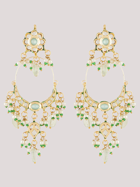 Gold Plated Kundan Earrings With Green Beads