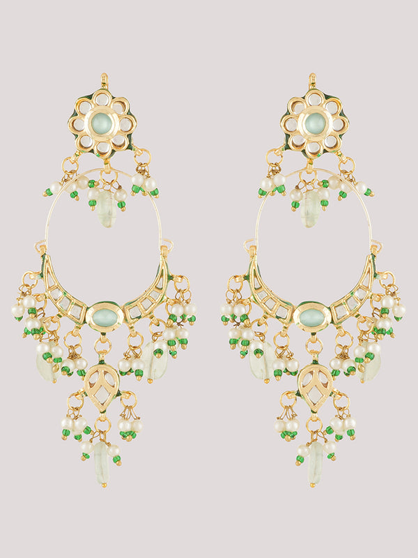 Gold Plated Kundan Earrings With Green Beads