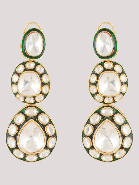 Gold Plated Green Ethnic Danglers Studded With Kundan