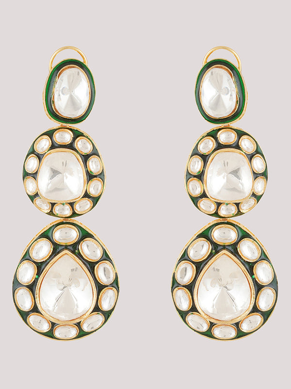 Gold Plated Green Ethnic Danglers Studded With Kundan