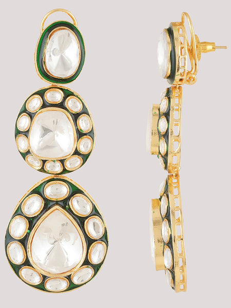 Gold Plated Green Ethnic Danglers Studded With Kundan