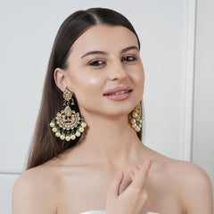 GOLD PLATED ETHNIC CHANDBALI GREEN EARRING SET