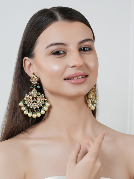 GOLD PLATED ETHNIC CHANDBALI GREEN EARRING SET