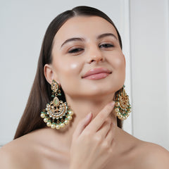 GOLD PLATED ETHNIC CHANDBALI GREEN EARRING SET