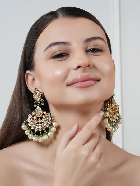 GOLD PLATED ETHNIC CHANDBALI GREEN EARRING SET