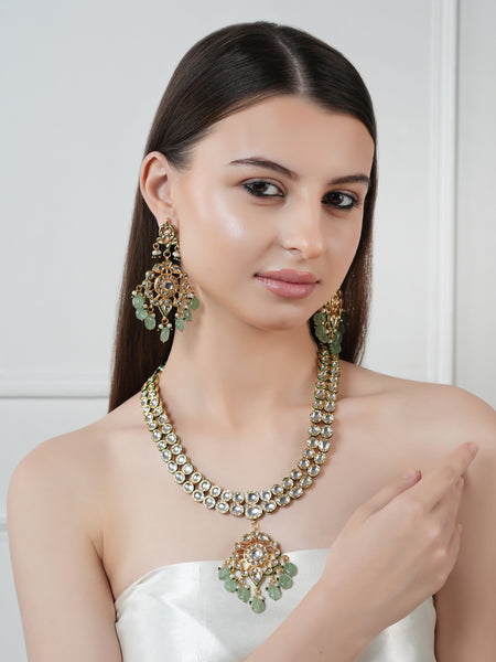 GOLD PLATED KUNDAN POLKI GREEN LONG NECKLACE & EARRINGS