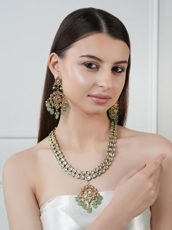 GOLD PLATED KUNDAN POLKI GREEN LONG NECKLACE & EARRINGS