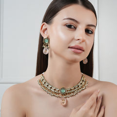 GOLD PLATED ETHNIC KUNDAN MULTI-COLOR CHOKAR SET WITH EARRINGS