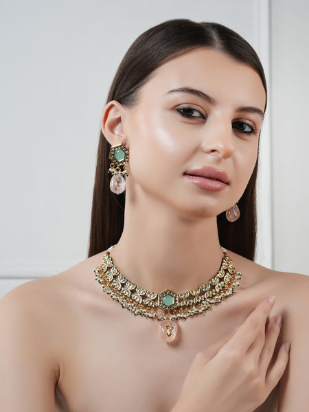 GOLD PLATED ETHNIC KUNDAN MULTI-COLOR CHOKAR SET WITH EARRINGS